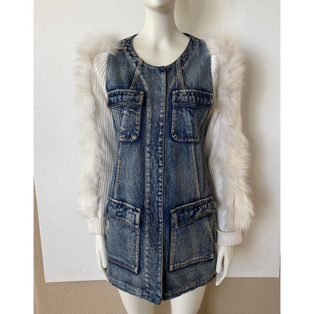 Womens Denim Top or Jacket w Rabbit Fur Knit Ribbed Sleeves Snap Down S Sz 4